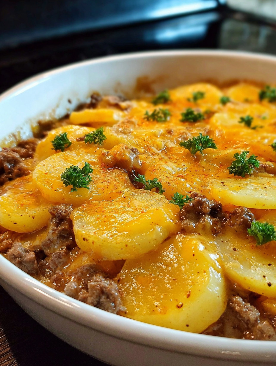 Ein weißer Teller mit einer Mischung aus Kartoffeln, Beef und Zwiebeln.