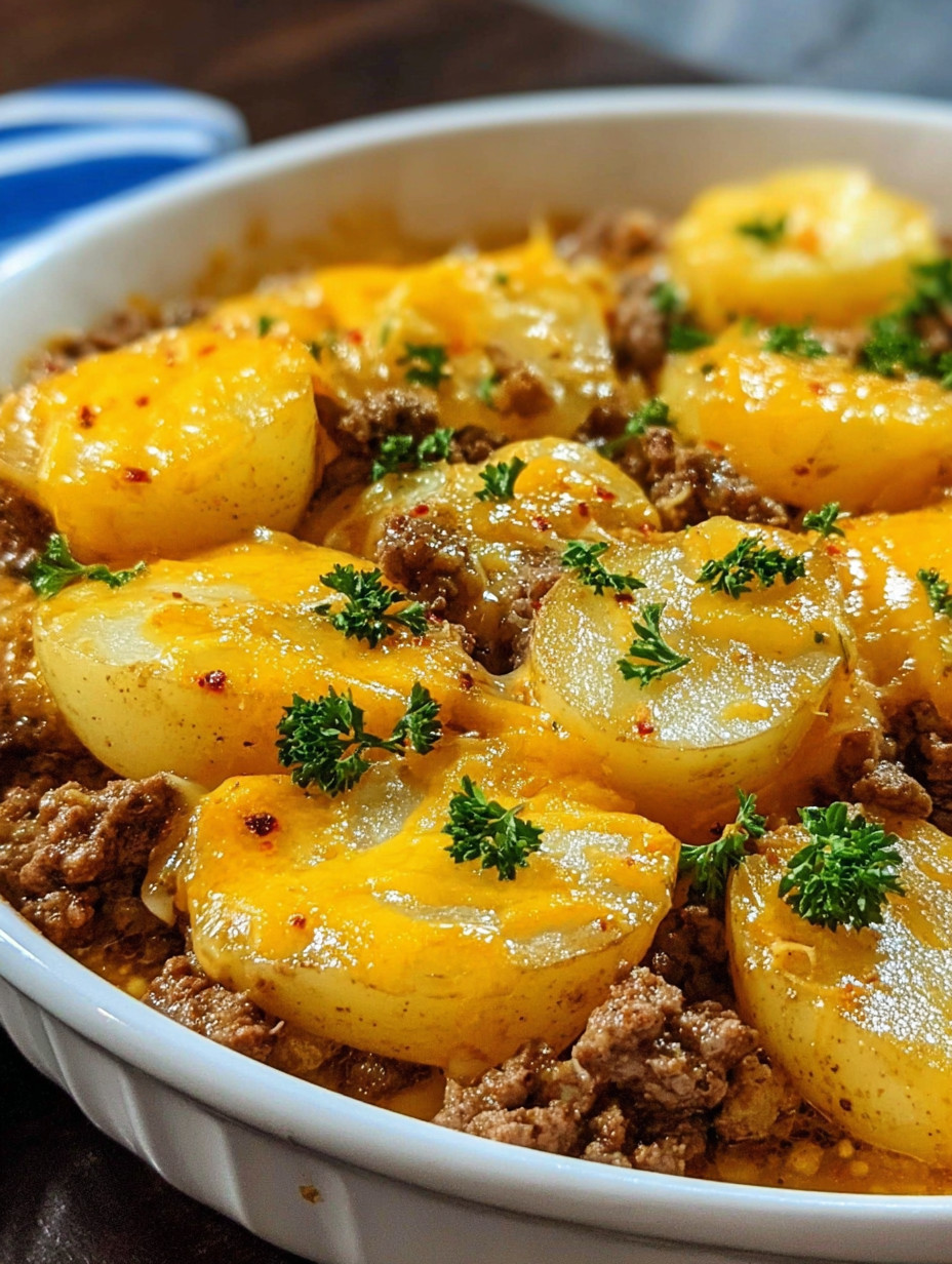 Ein weißer Teller mit einer Mischung aus Kartoffeln, Ground Beef und Zwiebeln.