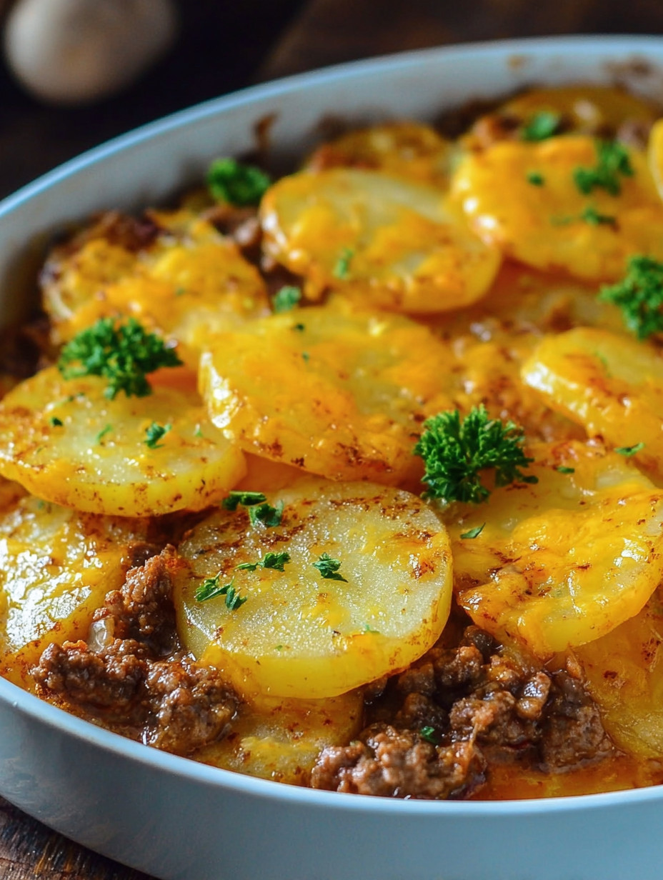 Ein weißer Teller mit einer Mischung aus Kartoffeln, Ground Beef und Zwiebeln.