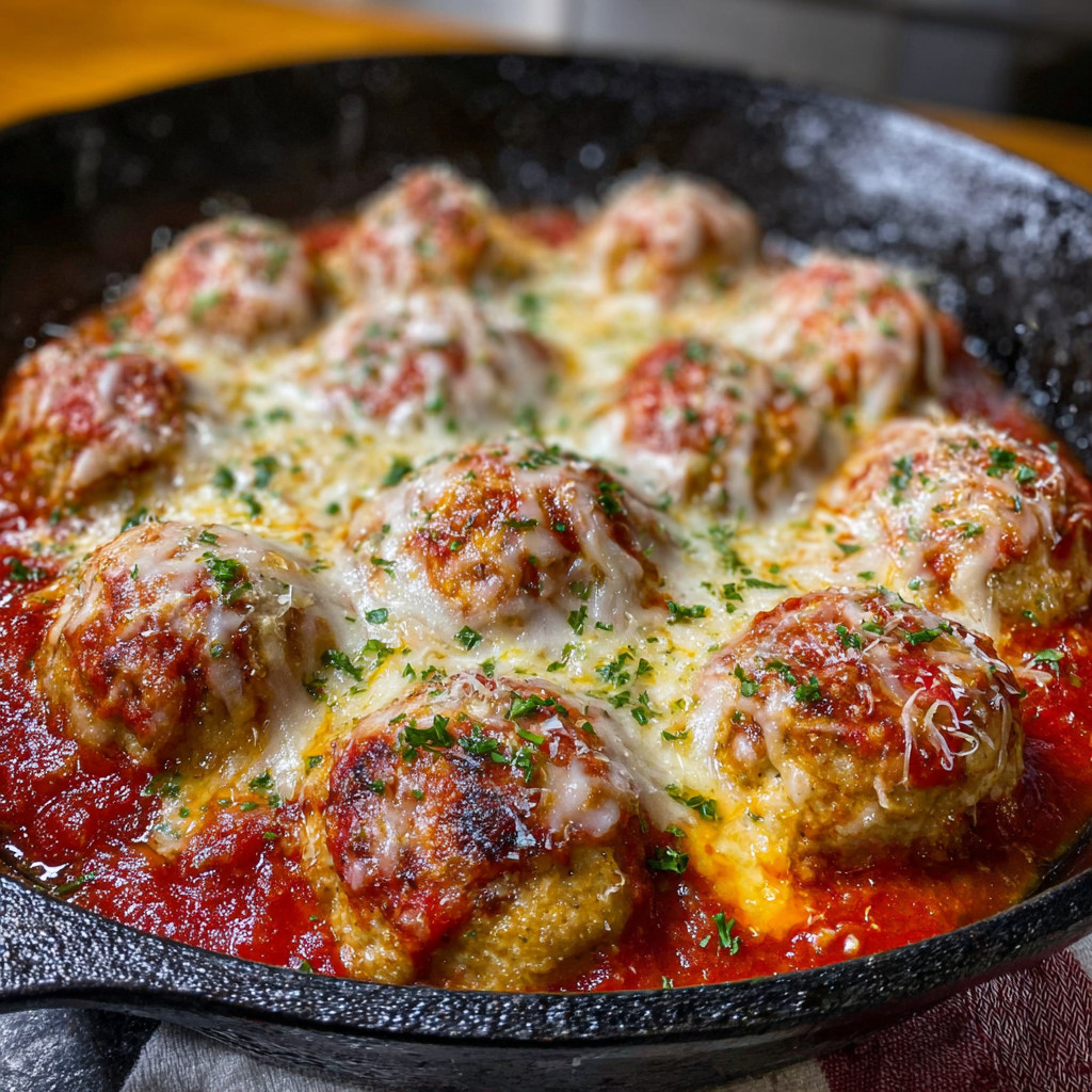 Eine Schüssel mit Chicken Parmesan Meatballs, die in einer Tomatensoße serviert werden.
