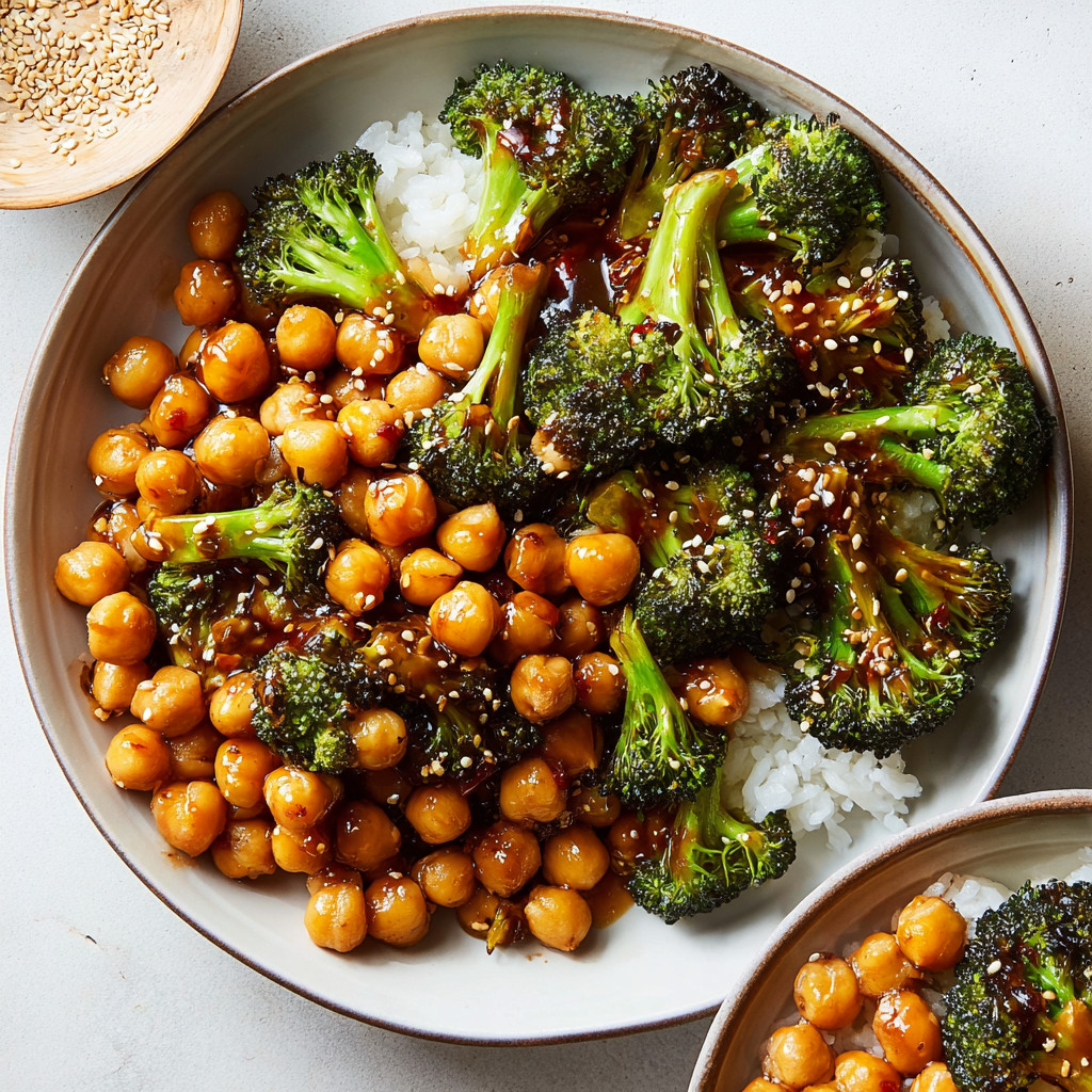 Ein Plate mit Sticky Sesame Chickpeas & Broccoli.
