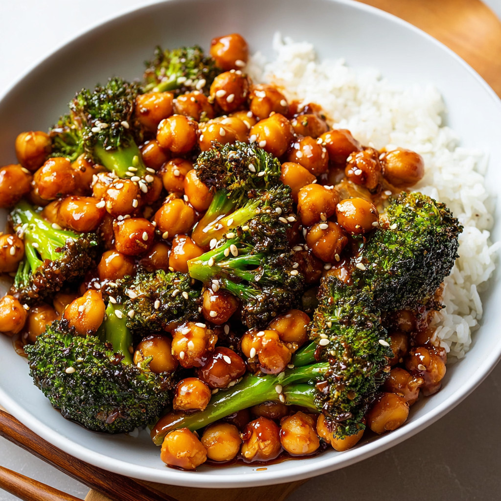 Ein weißer Teller mit einer Mischung aus Kichererbsen, Sesam und Broccoli.