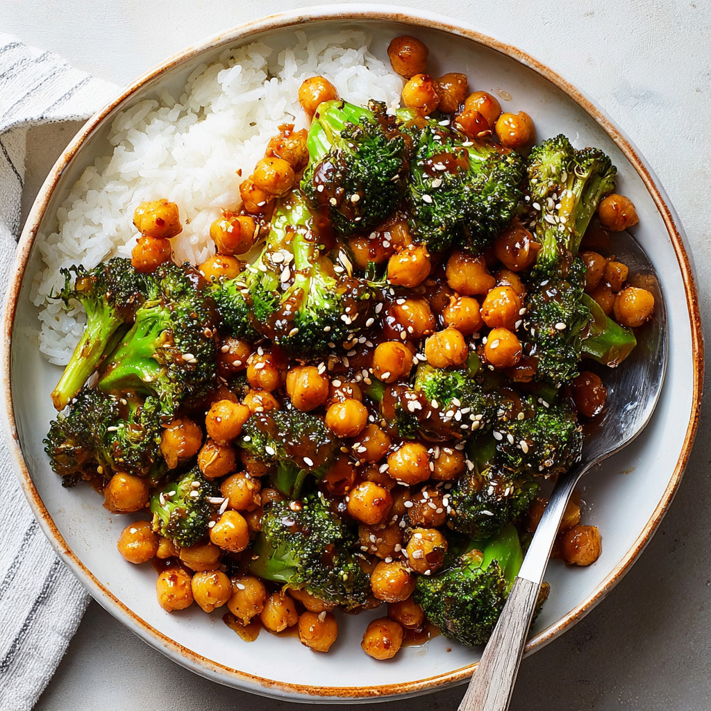 Ein Bogen mit Sticky Sesame Chickpeas & Broccoli auf einem Teller.