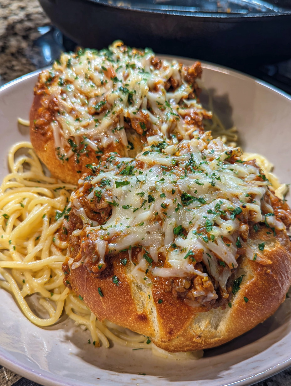 Ein wei&szlig;er Teller mit zwei Garlic Butter Spaghetti Bowls, die mit Spaghetti, K&auml;se und Zwiebeln garniert sind.