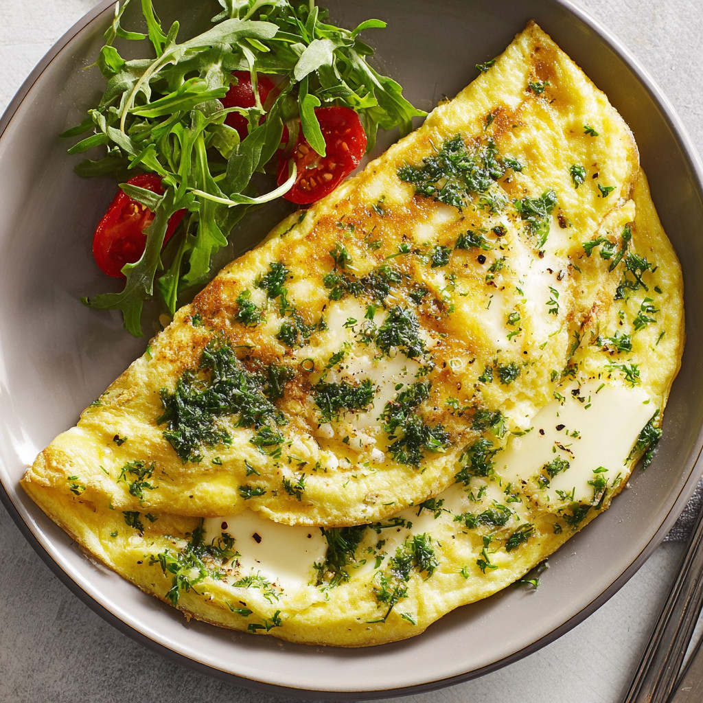 Ein Omelet mit gr&uuml;nen Zutaten wie Spinat und Tomaten auf einem Teller.