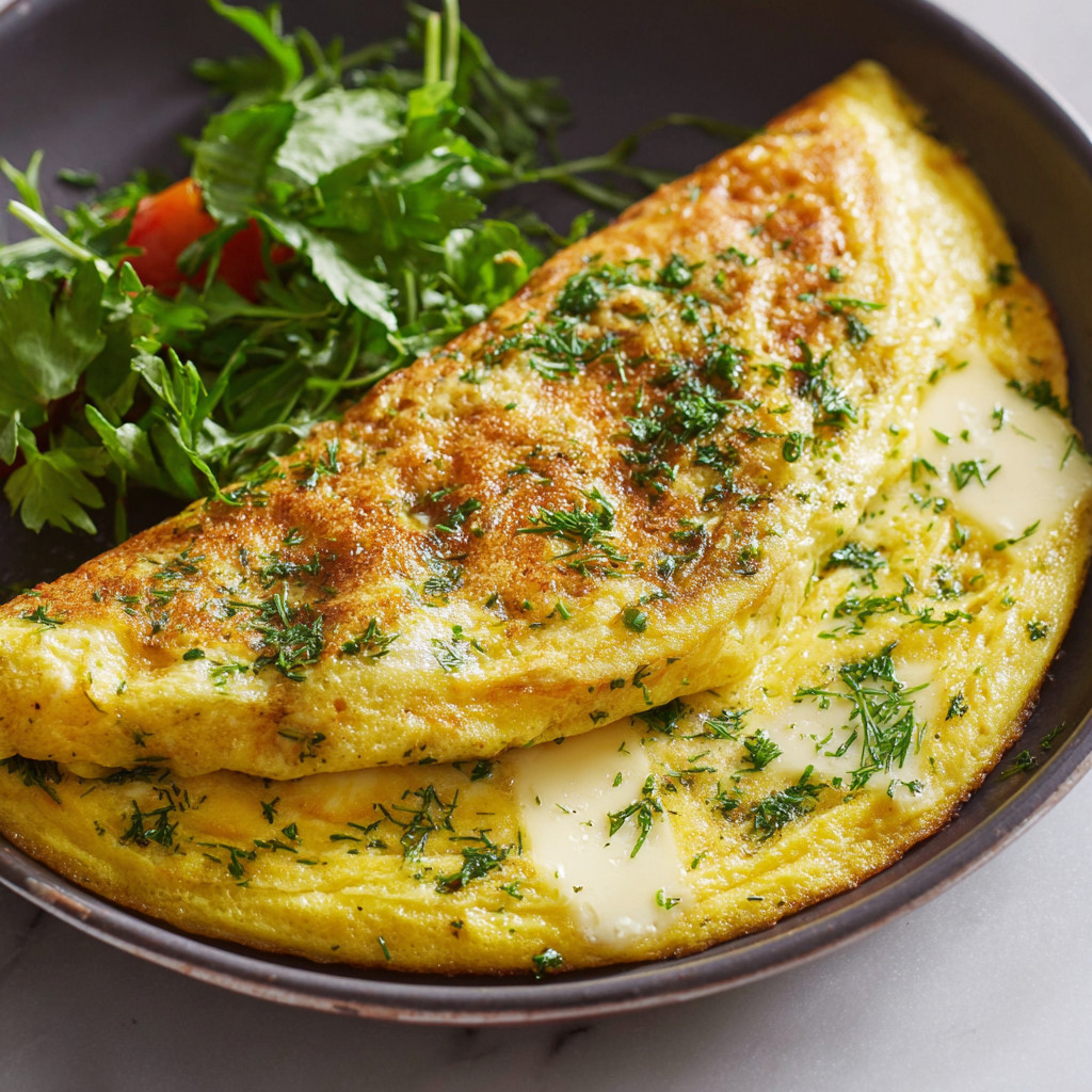 Ein Omelet mit Brie und Zwiebeln auf einem Teller.
