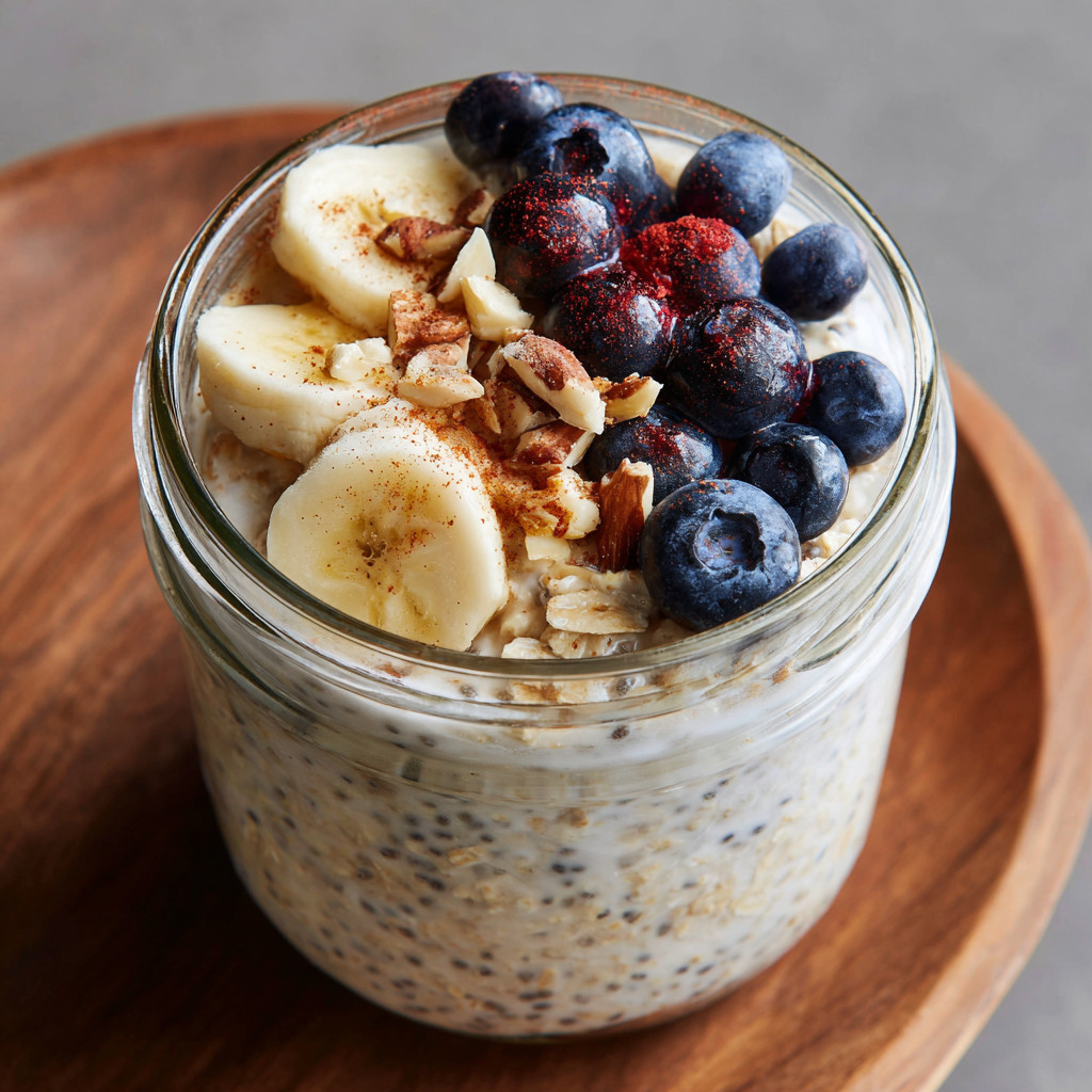 Ein Glas mit Bananen, Walnuss, Blaubeeren und Granola.