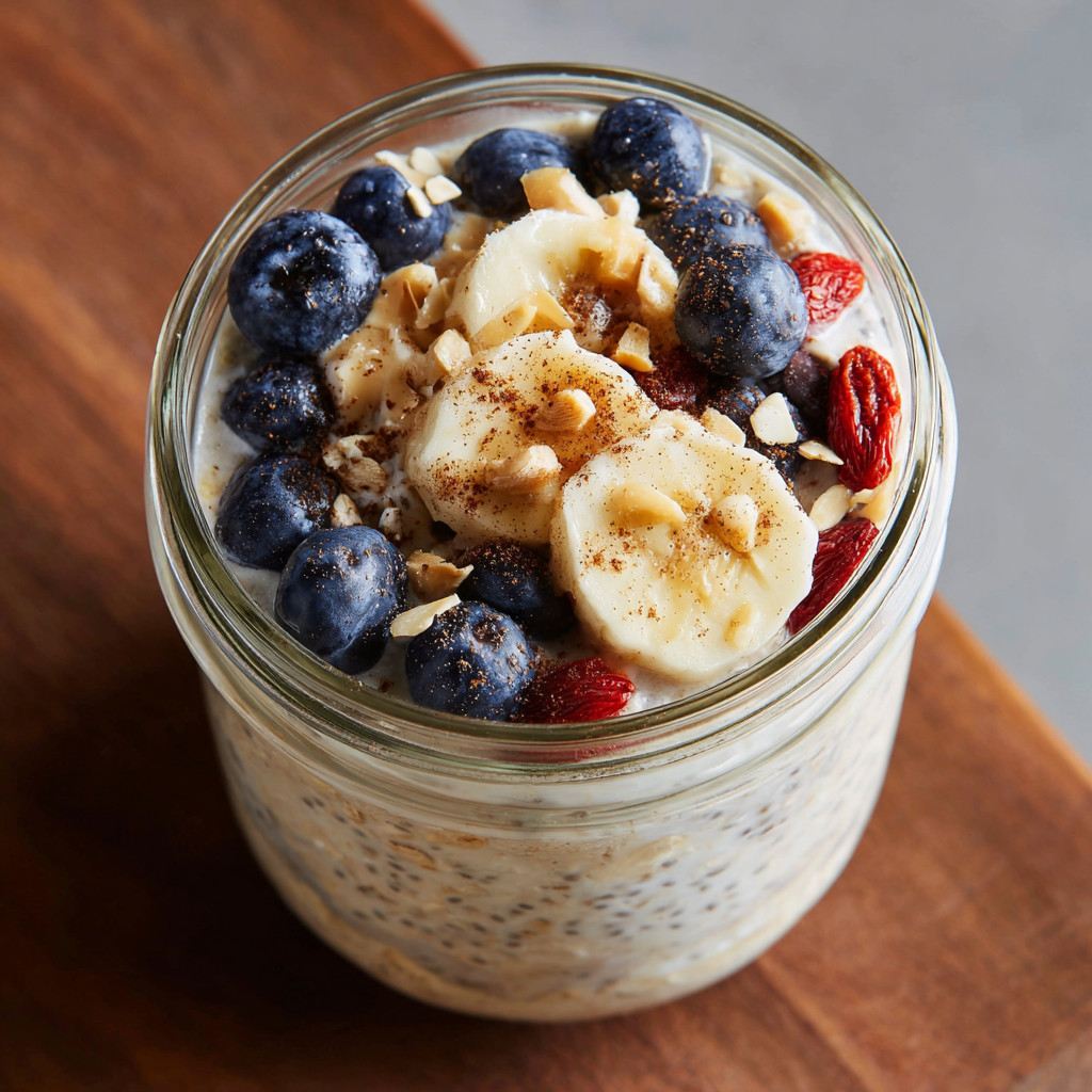 Ein Glas mit frisch zubereiteten Overnight Oats, die mit Bananen, Nüssen und Blaubeeren garniert sind.