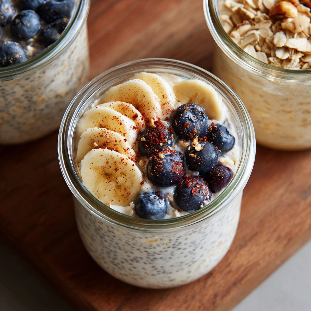 Ein Glas mit Bananen, Blaubeeren und Nüssen.