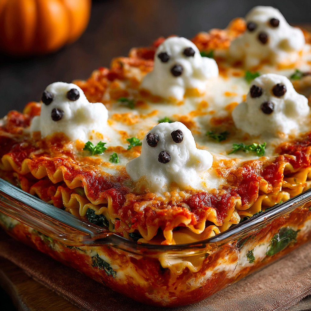 Eine Lasagna mit einer fiktiven Zubereitung, die als "Ghostly Lasagna" bezeichnet wird.