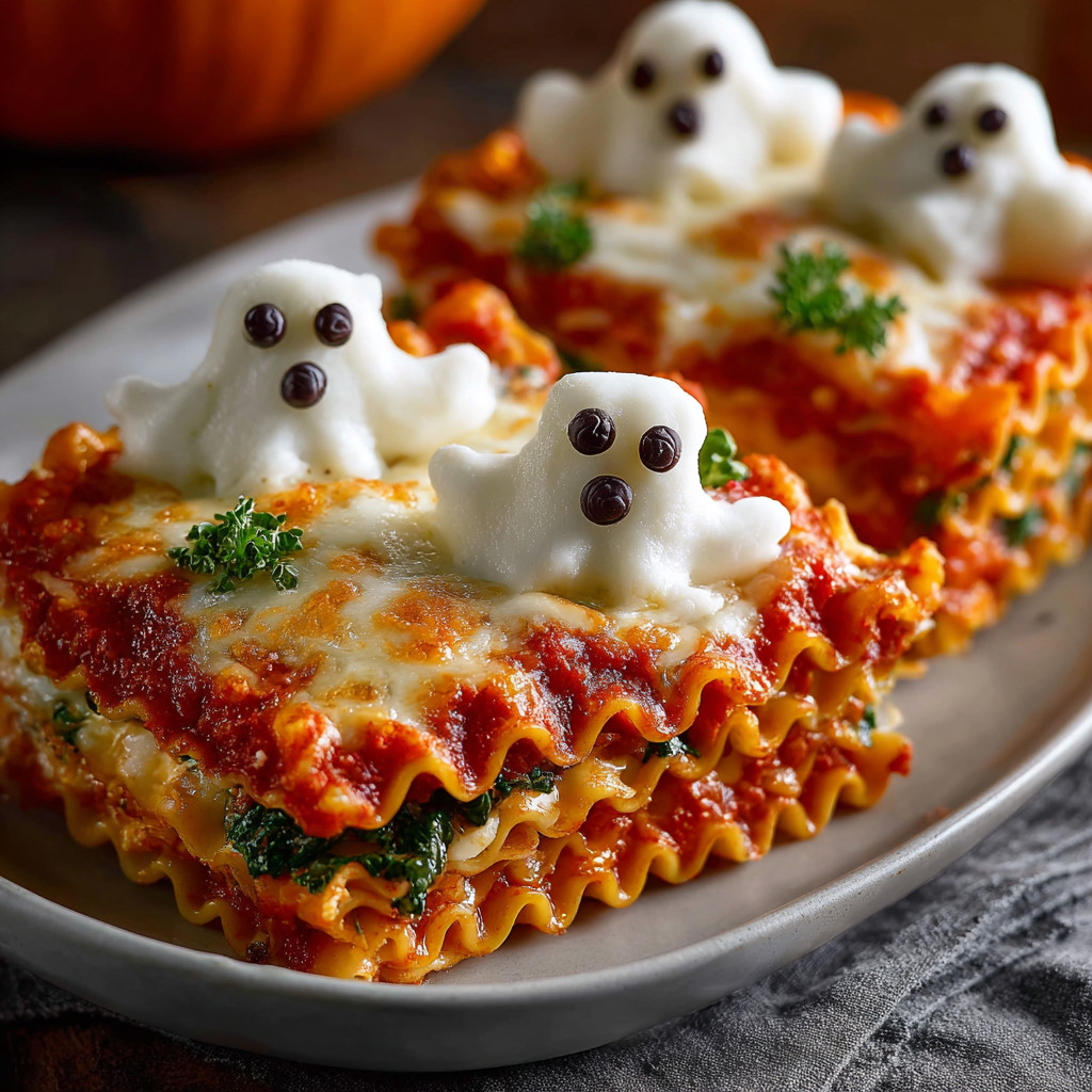 Eine Platte mit Lasagna, die mit Gespenstern verziert ist.