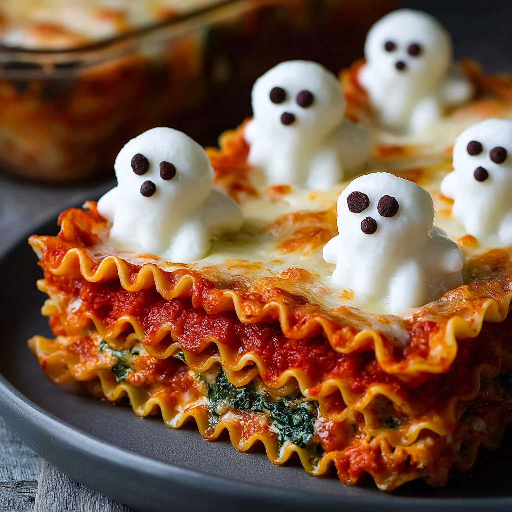 Eine Lasagna mit einer Schicht aus Ravioli, Tomaten, Spinat und Käse, die mit Gespenstern verziert ist.