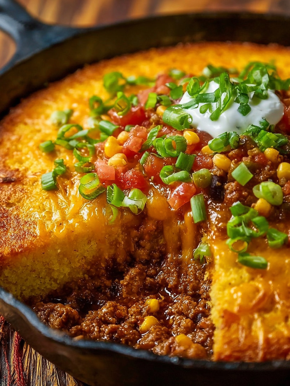 Ein Bild von einem Texas Tamale Pie Casserole, das mit Tomaten, Koriander und Cheddar Cheese zubereitet wurde.