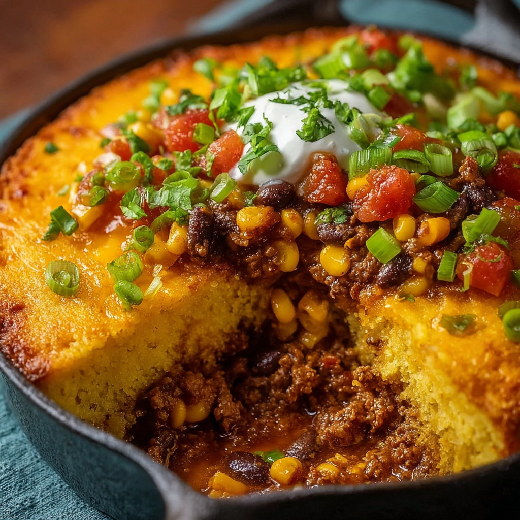 Ein Texas Tamale Pie Casserole mit Kartoffeln, Tomaten, Zwiebeln und Käse.