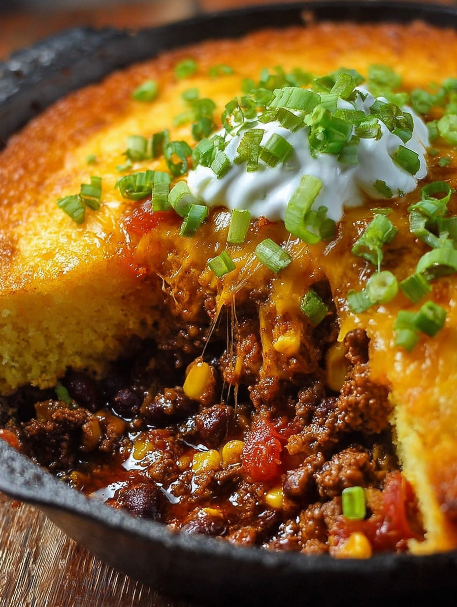 Ein Texas Tamale Pie Casserole mit grünen Zwiebeln auf dem Deckel.