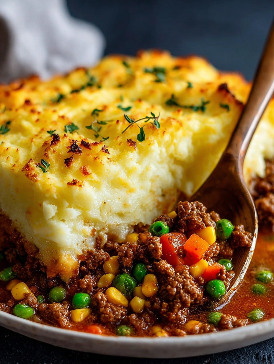 Ein Shepherd's Pie mit Ground Beef auf einem Teller.