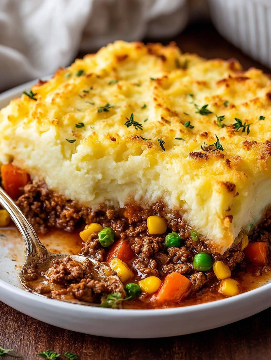 Ein Plate mit Shepherd's Pie, das mit Ground Beef und vegetarischen Zutaten zubereitet wurde.