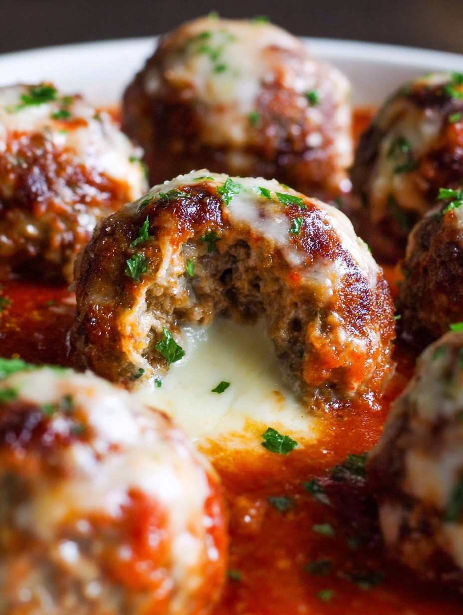 Eine Gruppe von Stuffed Meatballs mit Mozzarella Cheese, die in einer Sauce liegen.
