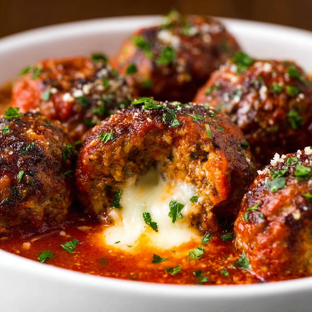 Ein weißer Teller mit Stuffed Meatballs, die mit Mozzarella Cheese bedeckt sind.