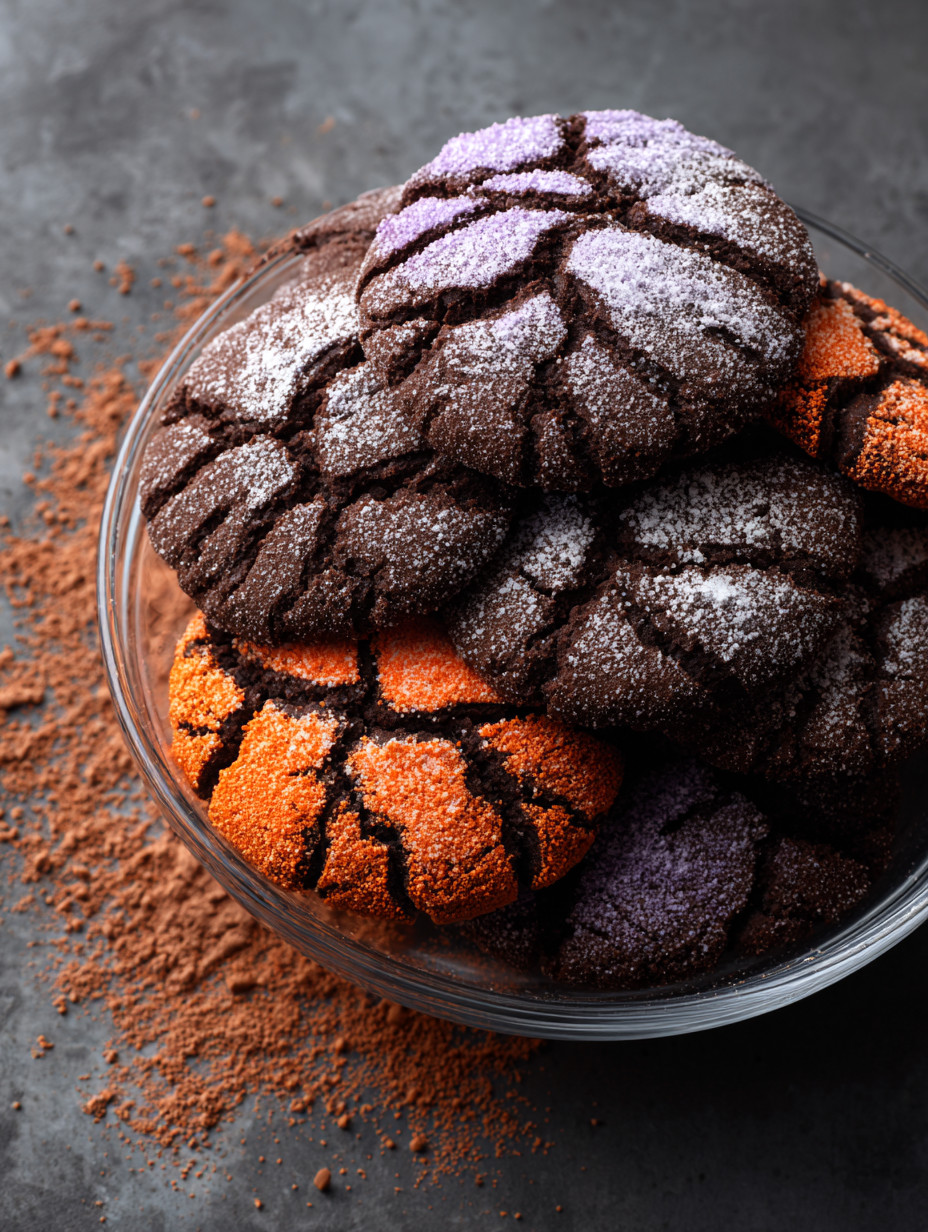Ein Glas mit Halloween Crinkle Cookies, die in verschiedenen Farben wie Orange, Purple und Brown sind.