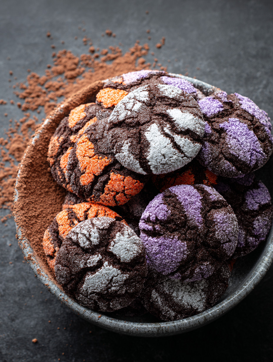 Ein Glas mit Halloween Crinkle Cookies, die in verschiedenen Farben wie Orange, Purple und Grau sind.