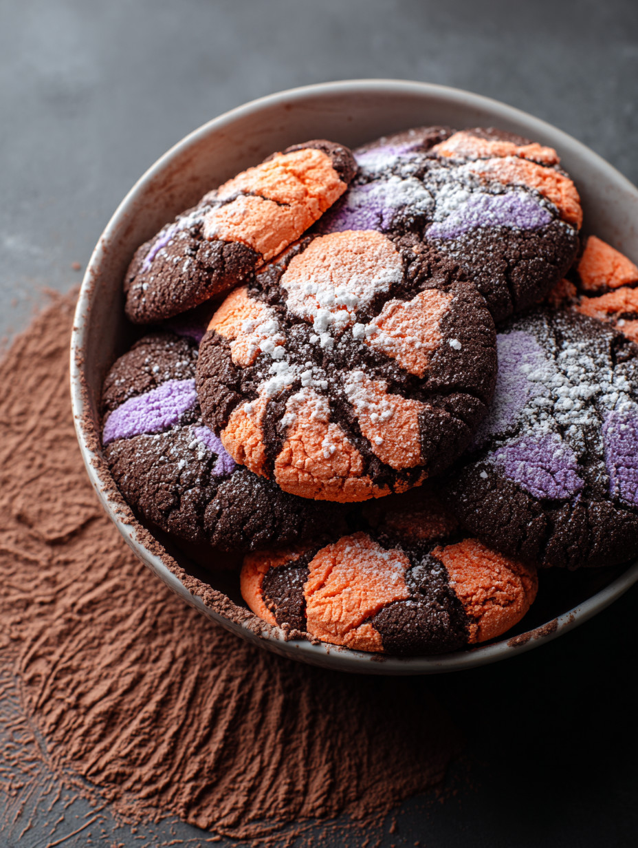 Ein weißer Teller mit Halloween Crinkle Cookies.