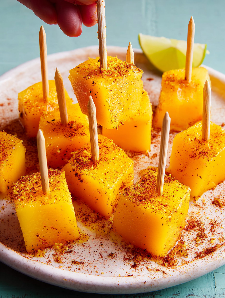 Ein Plate mit Mangos, die mit Stäbchen gestochen sind.
