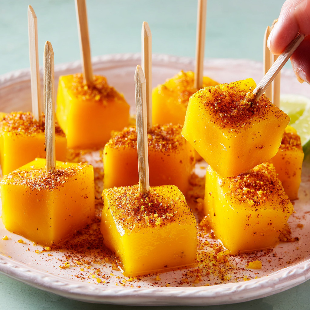 Ein weißer Teller mit Drunken Tequila Mangos.