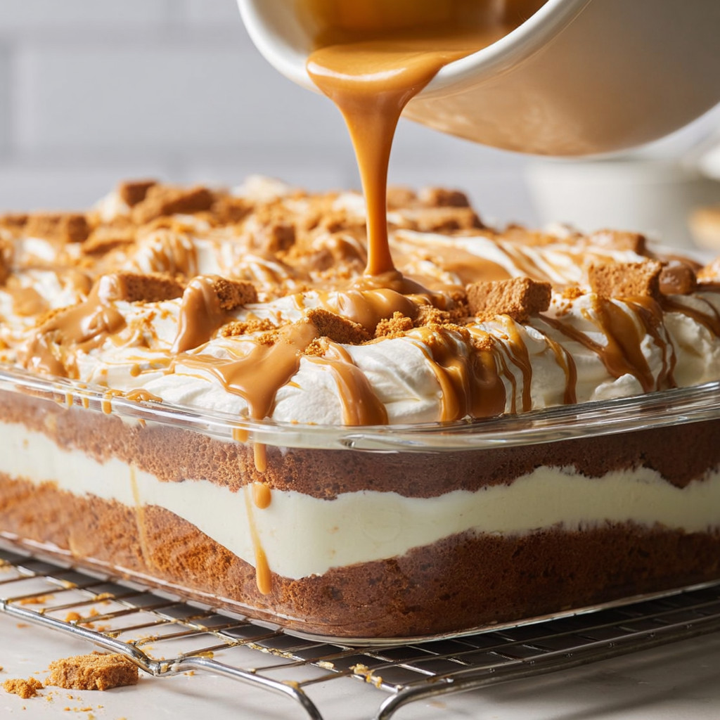 Eine Tafel mit einer Torta, die mit Biscoff Tres Leches geschmolzen wird.