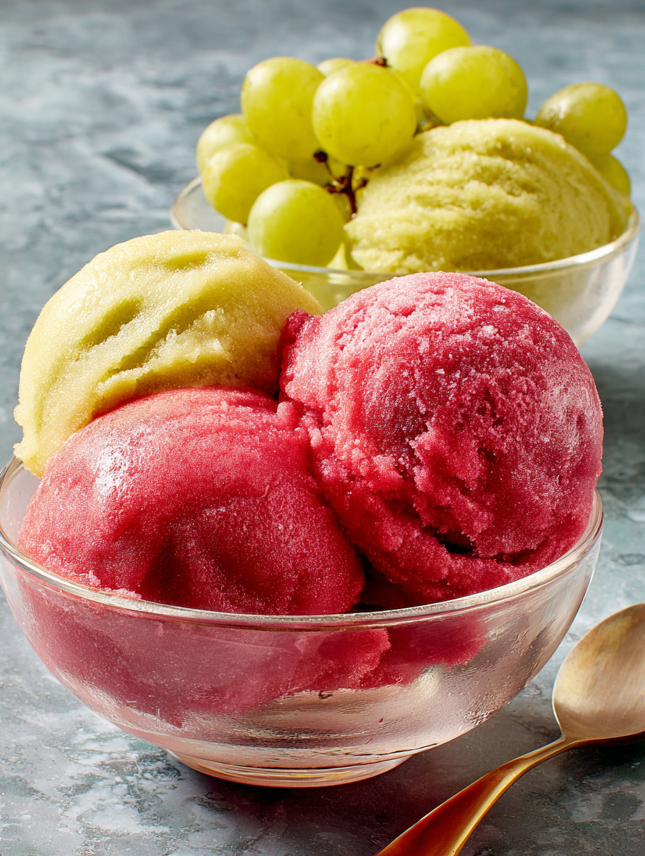Ein Glas mit grünem und rotem Grape Sorbet.