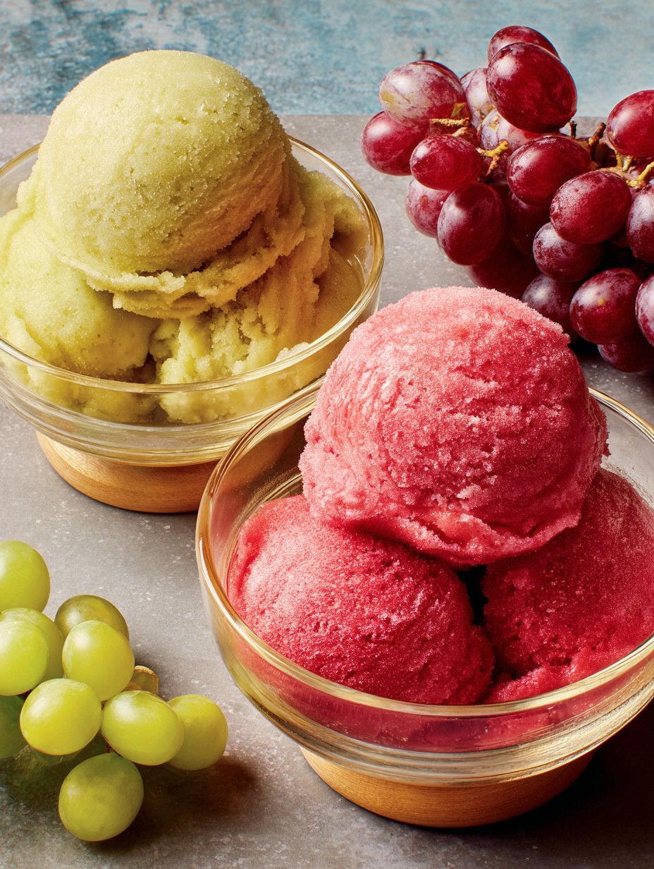 Zwei Gläser mit grünem und rotem Grape Sorbet auf einem Tisch.