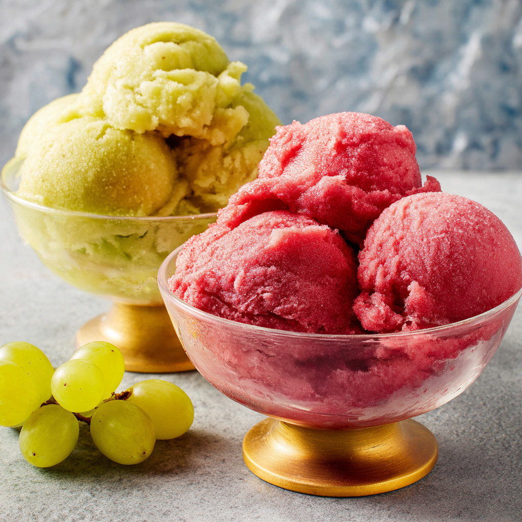 Zwei Schüsseln mit grünem und rotem Grape Sorbet.