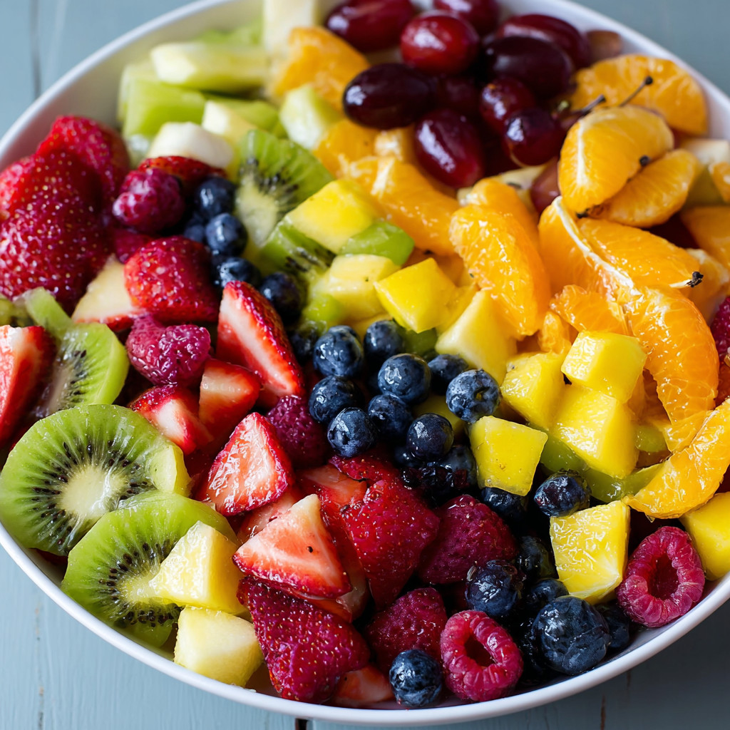 Ein weißer Becher mit einer Mischung aus frischen Früchten wie Strawberries, Blueberries, Oranges, Kiwis und Pineapples.