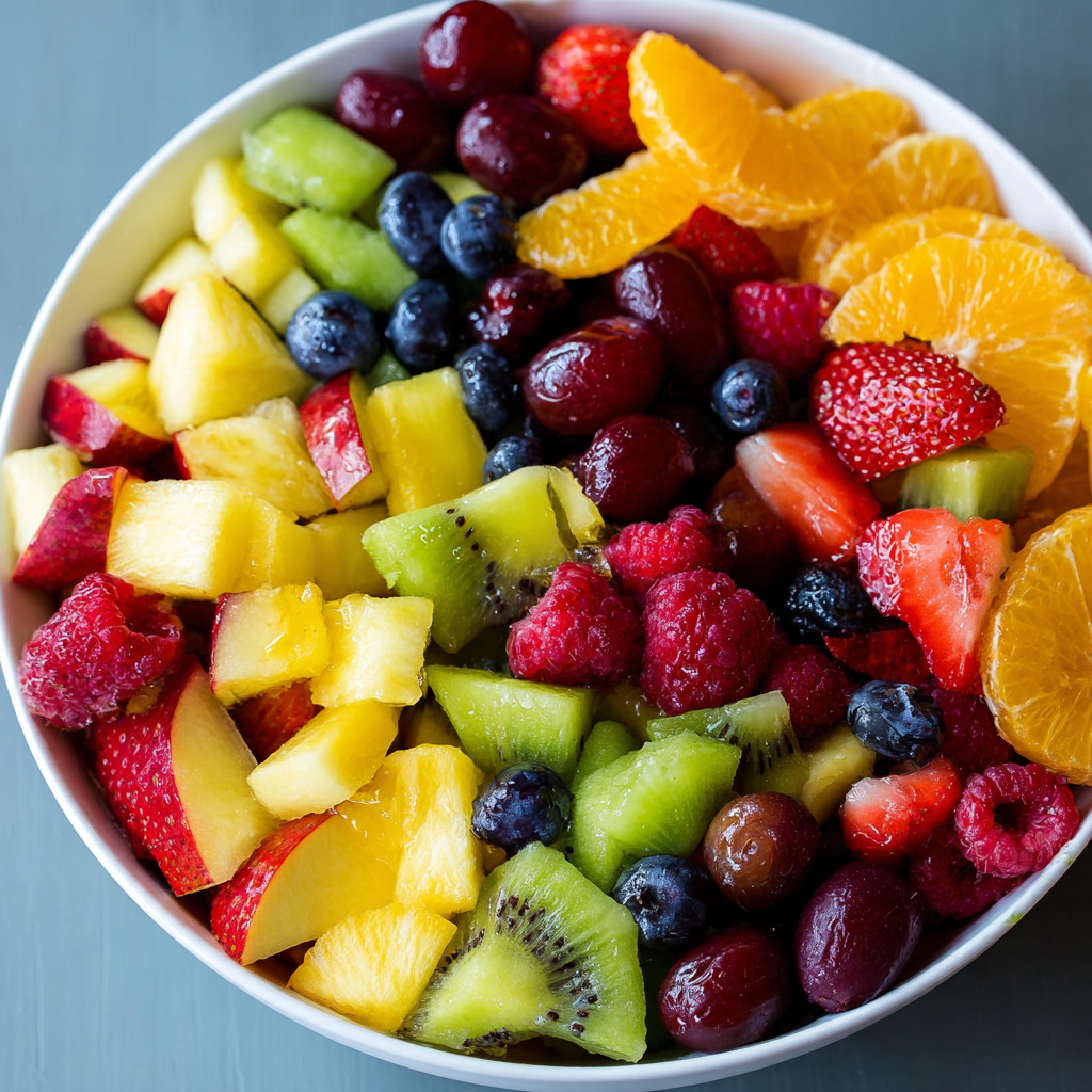 Ein weißer Becher mit einer Mischung aus frischen Früchten wie Bananen, Orangen, Grapefruit, Kiwis und anderen Früchten.