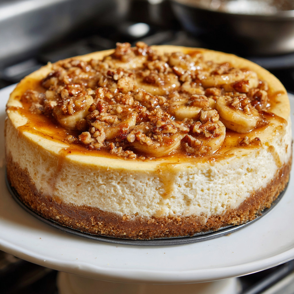 Eine Bananas Foster Cheesecake auf einem Plate.