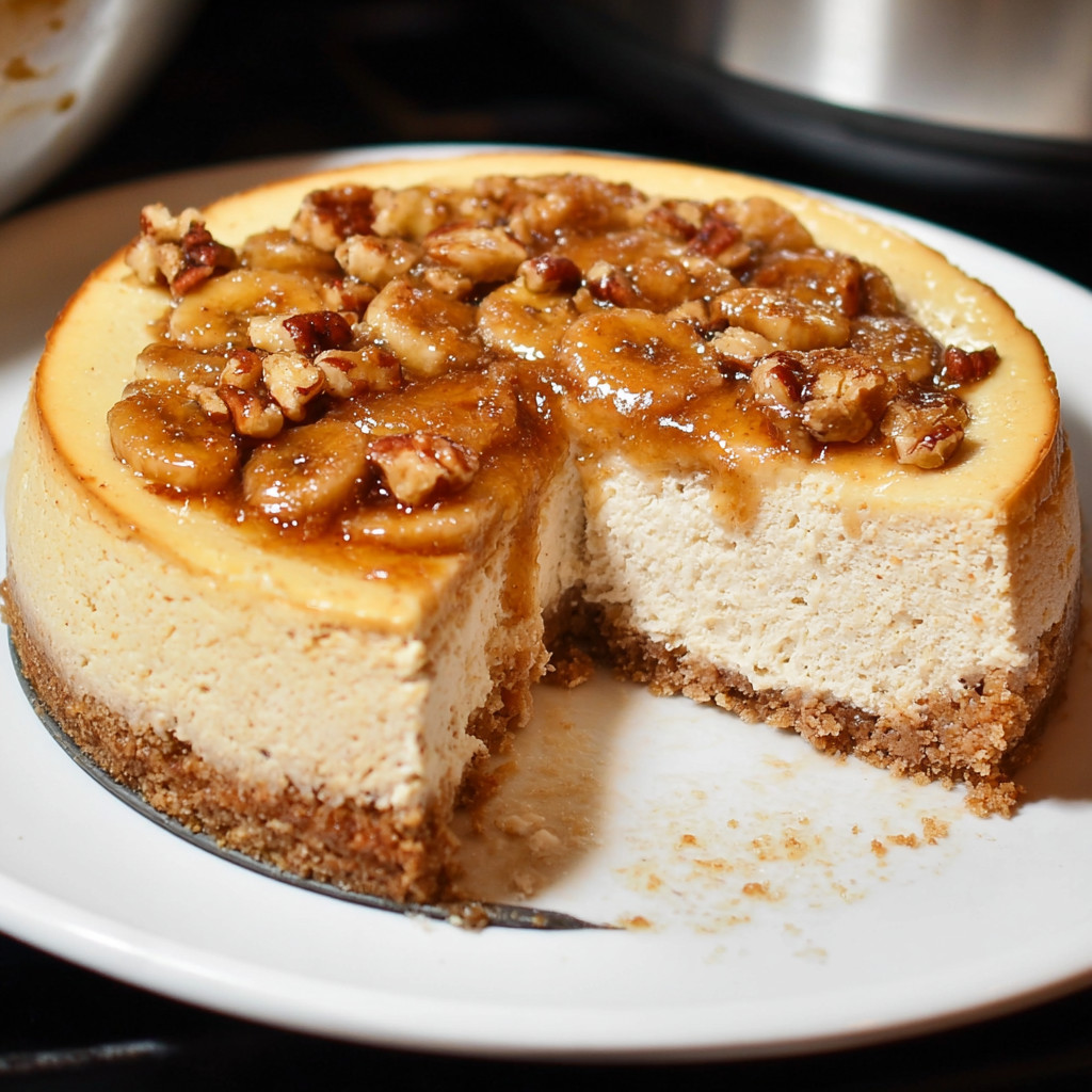 Ein Stück Bananas Foster Cheesecake auf einem weißen Platter.