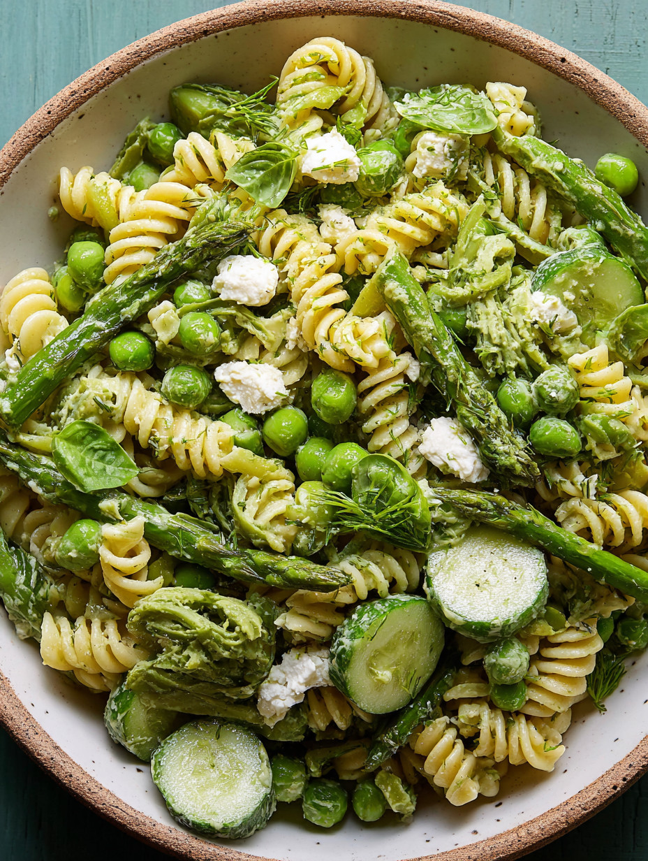 Ein Bild von einer Green Goddess Pasta Salad, die aus pasta, grünen zucchini, peas, asparagus und feta cheese besteht.