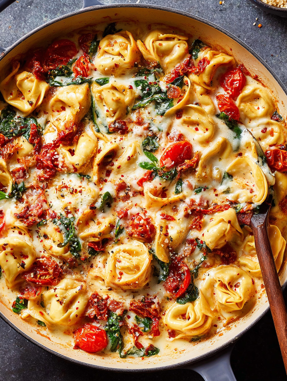 Ein Tuscan Tortellini Skillet Bake mit vielen Zutaten wie Tomaten, Spinat, Mozzarella und Parmesan.