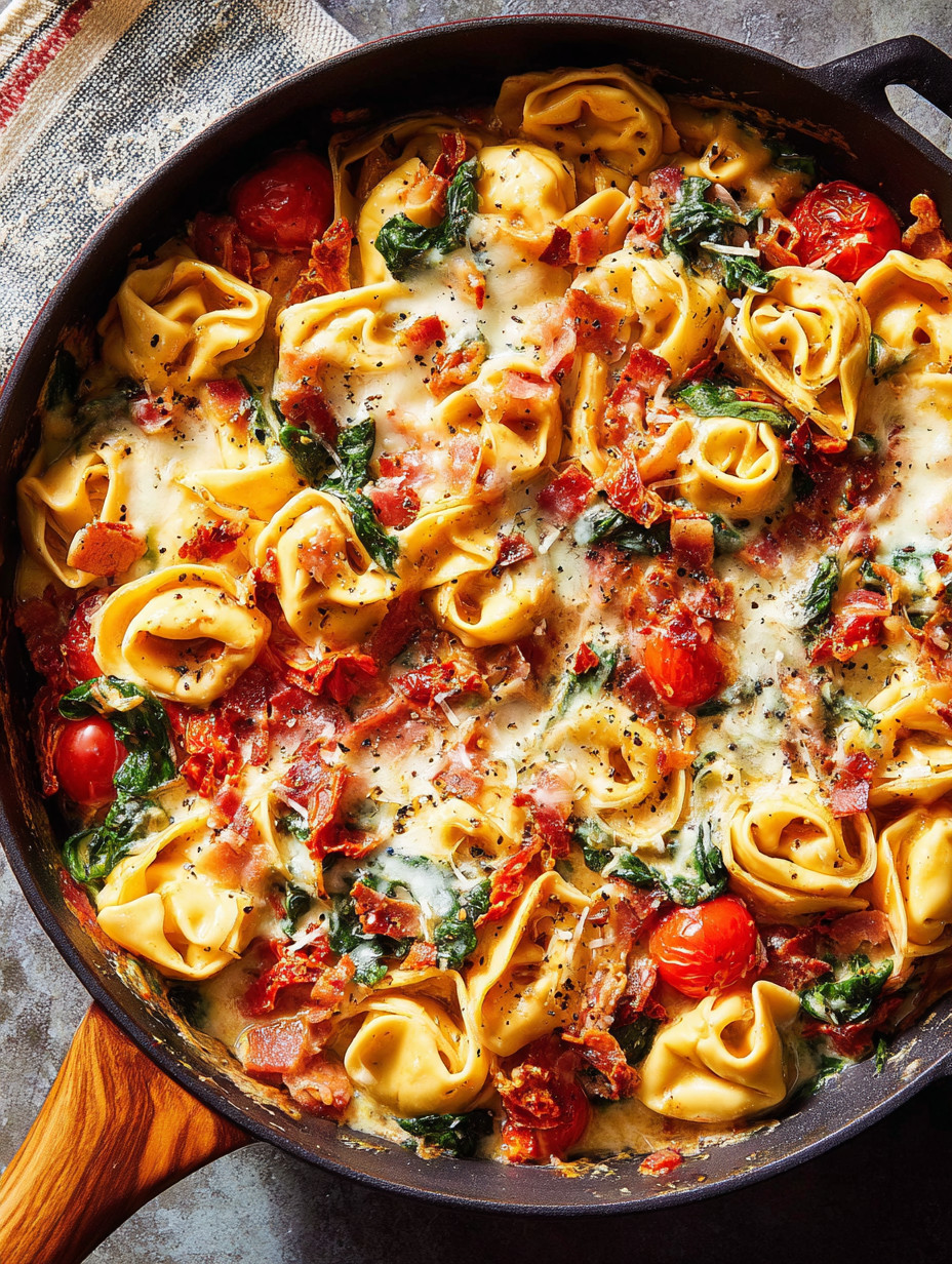 Ein Tuscan Tortellini Skillet Bake mit Tomaten, Spinat, Bacon und Käse.