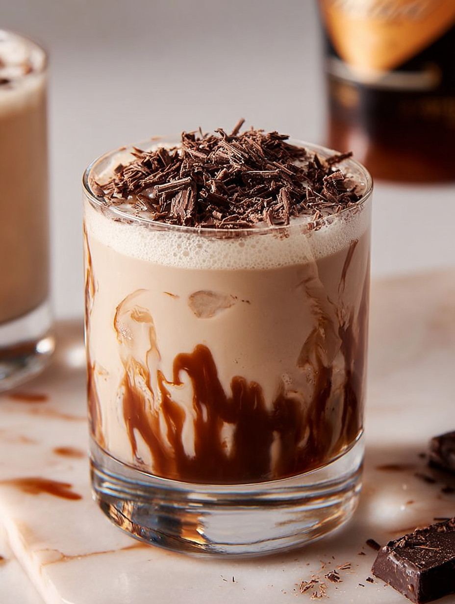Ein Glas mit Mudslide-Getränk, das mit Schokoladenschaum aufgetragen ist.
