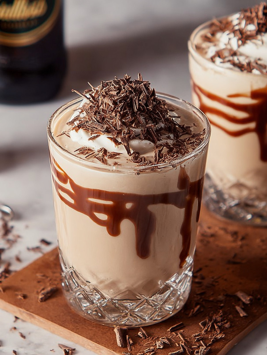 Ein Glas mit Mudslide-Getränk, das mit Schokoladensirup und Eis zubereitet wurde.
