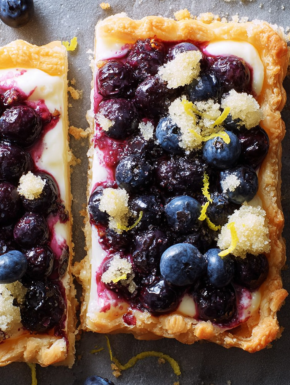 Ein leckeres Lemon-Blueberry Puff Pastry Tart mit frischem Zitronen- und Blaubeer-Saft.
