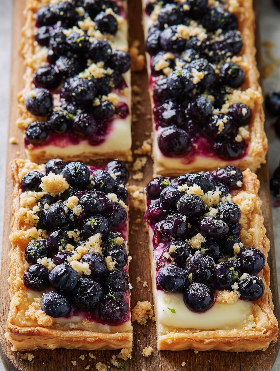 Ein Puff Pastry Tart mit Zitrus-Birnen-Füllung auf einem Holzbrett.