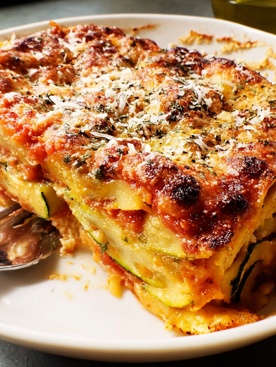 Eine Zucchini Lattice Lasagna auf einem Teller.
