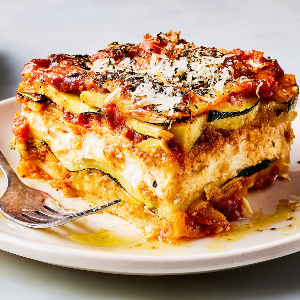 Eine Zucchini Lattice Lasagna auf einem weißen Teller.