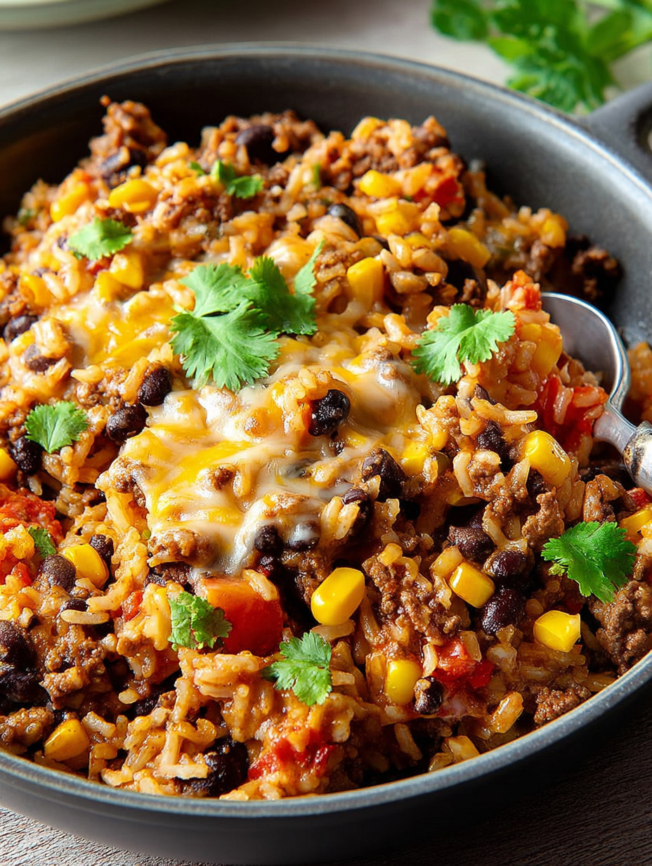 Ein Schälchen mit mexikanischer Beef 'N' Rice, garniert mit Tomaten, Koriander und Paprika.