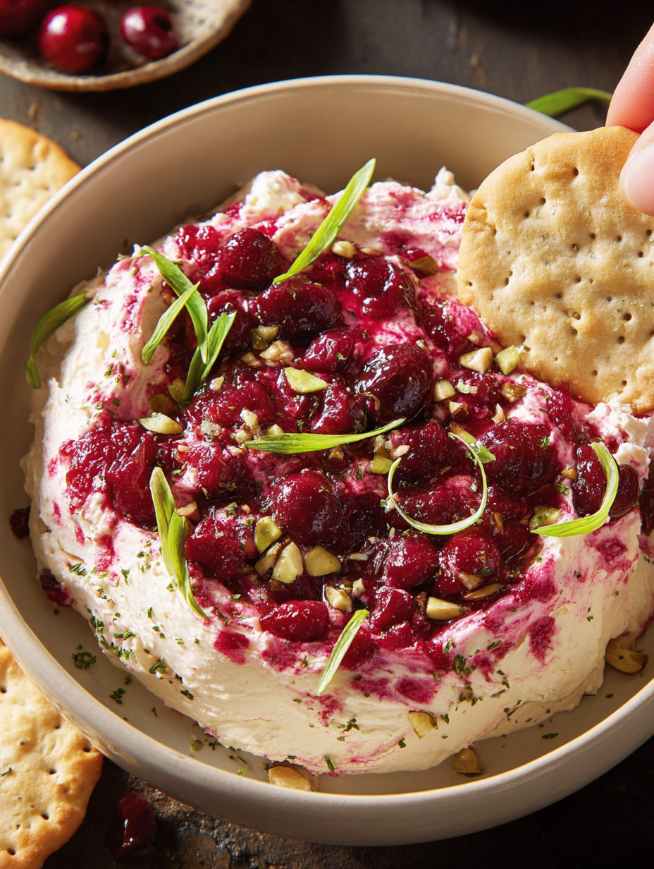 Ein weißer Käse mit roten Beeren und Mandeln in einer Schüssel.