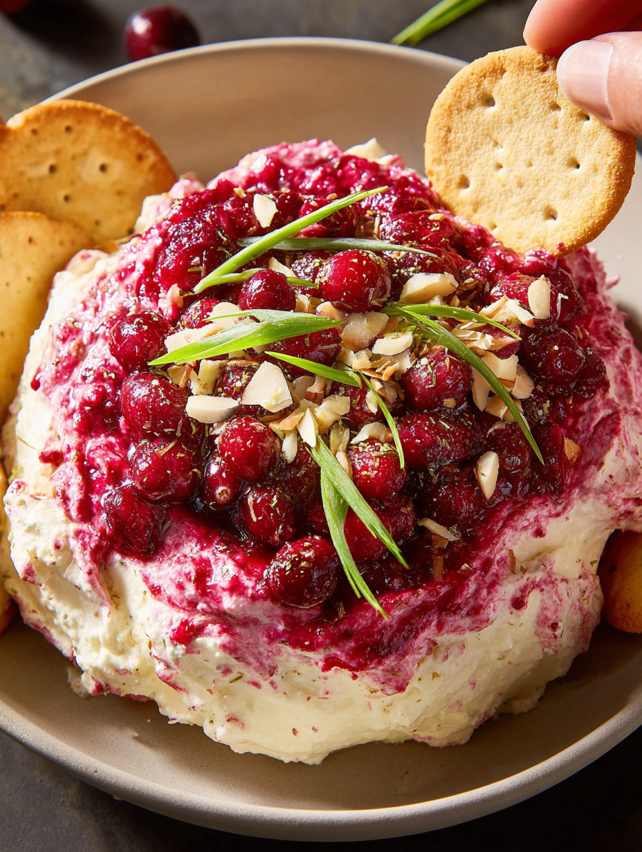 Ein Becher mit einer cremigen Masse, die aus Cranberry und Käse besteht.