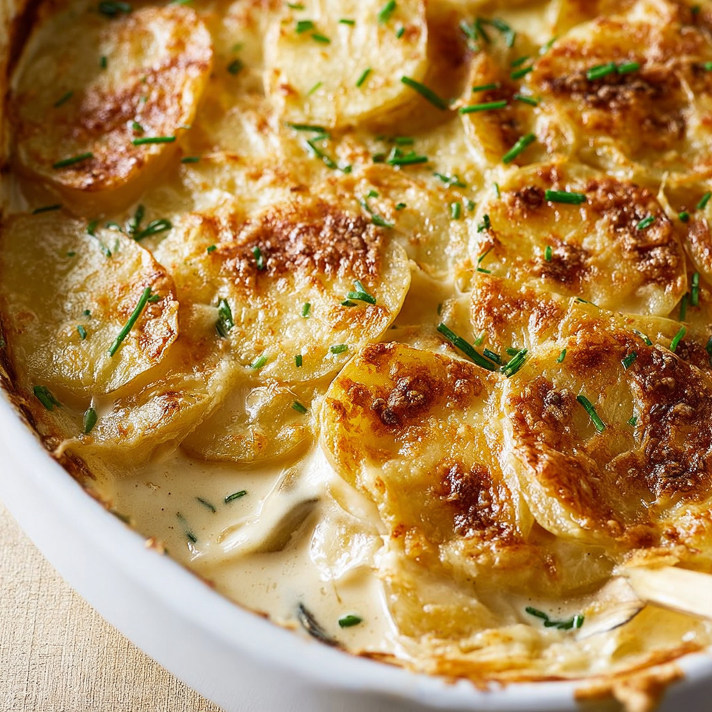 Ein weißer Teller mit Scalloped Potatoes.