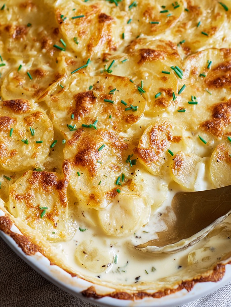 Eine Schüssel mit Scalloped Potatoes, die mit einer Gabel gestochen werden können.